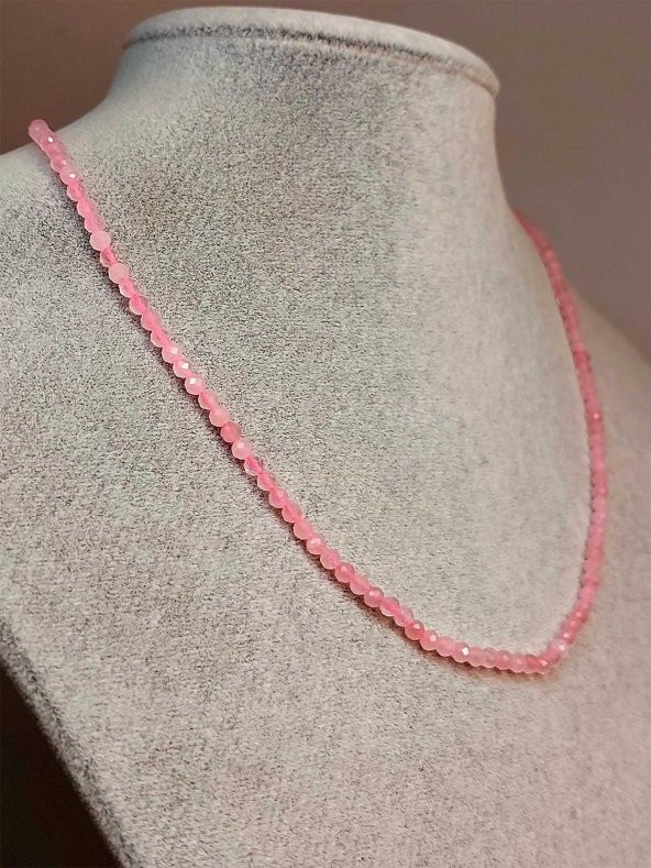 Pembe Kuvars Taşı 3mm 1000 Ayar Gümüş İpli Kolye (Sabit Klipsli) (41245) ürün görseli 1