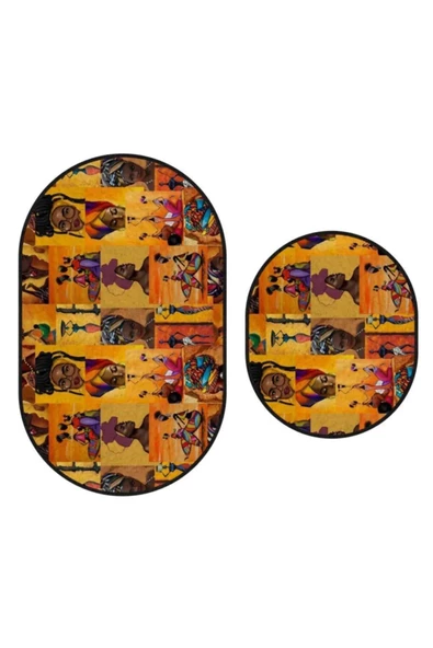 1263 Afrika Desenli Oval 2'li Banyo Paspas Halı Takımı Kaymaz Taban 60x100-60x50 ürün görseli 1
