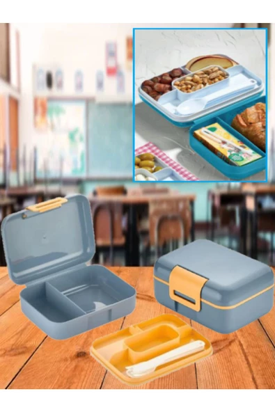 Mavi Katlı Bölmeli Kilitli Beslenme Kutusu Ve Kaşık Seti Çerez Ekmek Okul Saklama Kabı ürün görseli 1