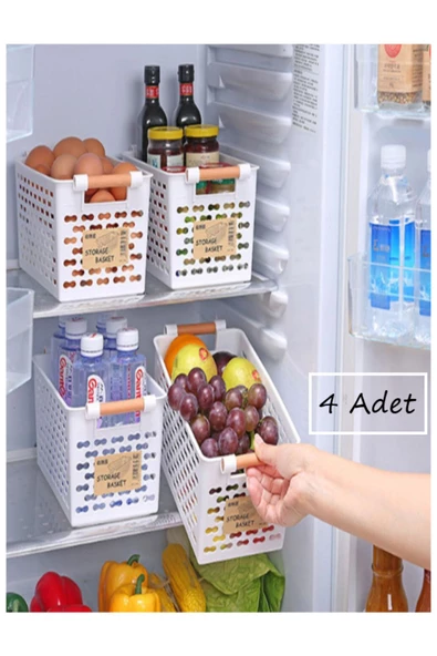 4 Adet Beyaz Ahşap Renk Saplı Buzdolabı Mutfak Düzenleyici Banyo Düzenleyici Organizer Sepet ürün görseli 1