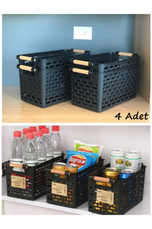 4 Adet Siyah Ahşap Renk Saplı Buzdolabı Mutfak Düzenleyici Banyo Düzenleyici Organizer Sepet ürün görseli 1