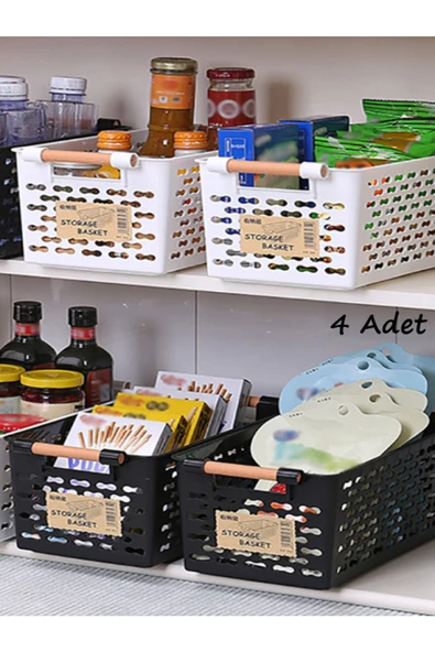 4'lü Set (2 SİYAH 2 BEYAZ) Ahşap Renk Saplı Mutfak Banyo Düzenleyici Organizer Ekmek Sebze Sepeti ürün görseli 1