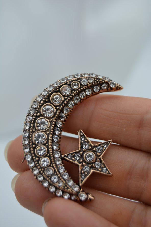 STONEAGE JEWELLERY Zirkon Taşlı Ay Yıldız Broş Yaka İğnesi ürün görseli 1