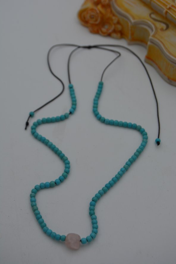 STONEAGE JEWELLERY Pembe Kuvars ve Turkuaz Taşlı Metalsiz Kolye ürün görseli 1