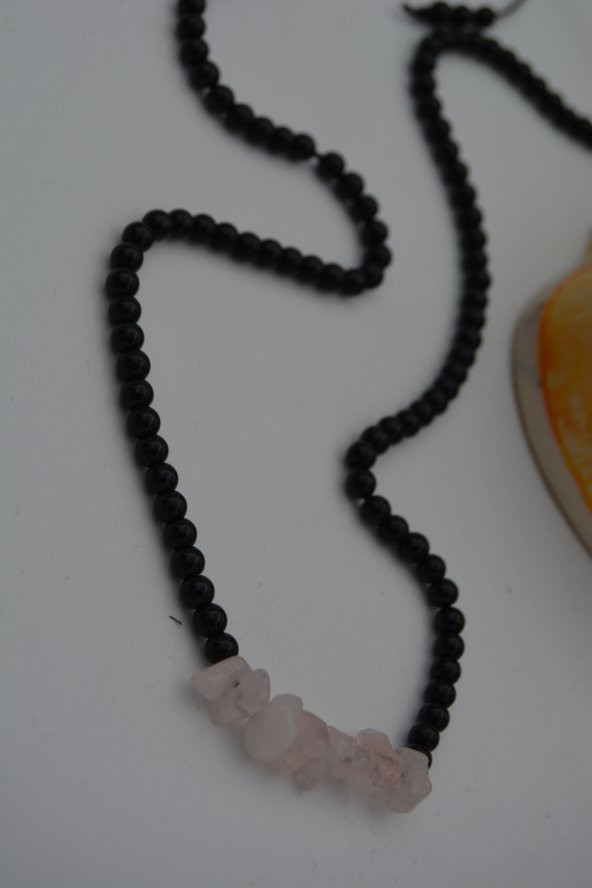 STONEAGE JEWELLERY Pembe Kuvars ve Oniks Taşlı Metalsiz Kolye ürün görseli 1