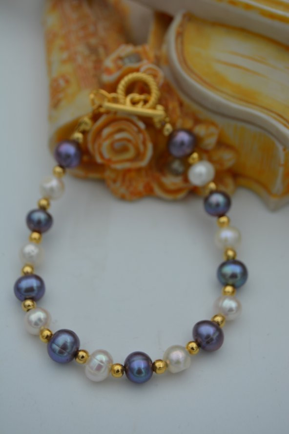 STONEAGE JEWELLERY Beyaz ve Siyah İnci Doğal Taşlı Bilek ürün görseli 1