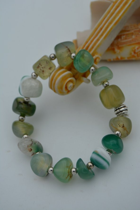 STONEAGE JEWELLERY Kırma Tamburlanmış Yeşil Akik Taşlı Bileklik ürün görseli 1