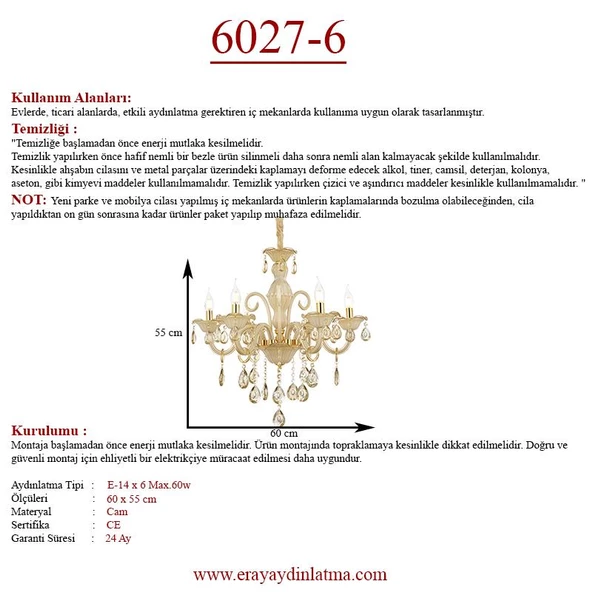 Eray Aydınlatma 6027-6 CAM KOL AVİZE - Resim 5