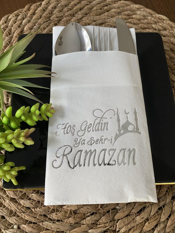 Gümüş Yaldızlı Beyaz Hoş Geldin Ya Şehri Ramazan Cepli Aır Touch Peçete 12 lı 40x40 ürün görseli 1
