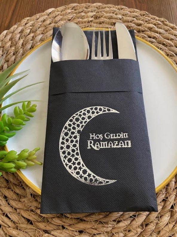 Gümüş Yaldızlı Siyah Hoş Geldin Ramazan Ay Desenli Cepli Peçete 12 li 40x40 ürün görseli 1