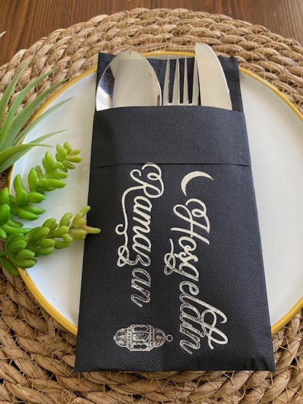 Gümüş Yaldızlı Siyah Hoş Geldin Ramazan Cepli Peçete 12 lı 40x40 ürün görseli 1