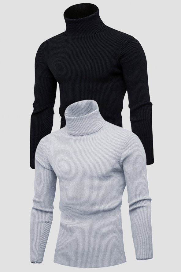 Unisex 2’li Hazır Paket Siyah - Gri Balıkçı Yaka Kaşkorse Şardonlu Slimfit Boğazlı Kazak ürün görseli 1