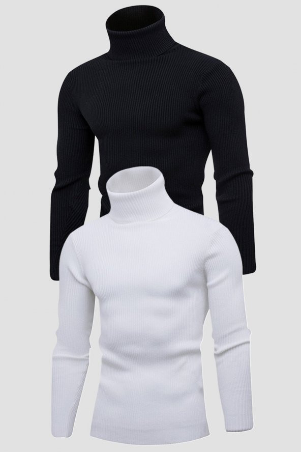Unisex 2’li Hazır Paket Siyah - Beyaz Balıkçı Yaka Kaşkorse Şardonlu Slimfit Boğazlı Kazak ürün görseli 1