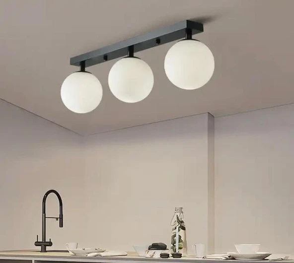 Rsylight Metal Modern Siyah Opal Camlı Tavan Plofyoner 3 LüTavan Avize ürün görseli 1