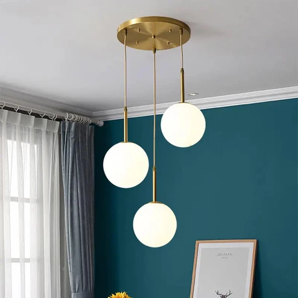 Rsylight Rustik Dekoratif Metal Modern Eskitme Kaplama Opal Camlı 3 lü Avize ürün görseli 1