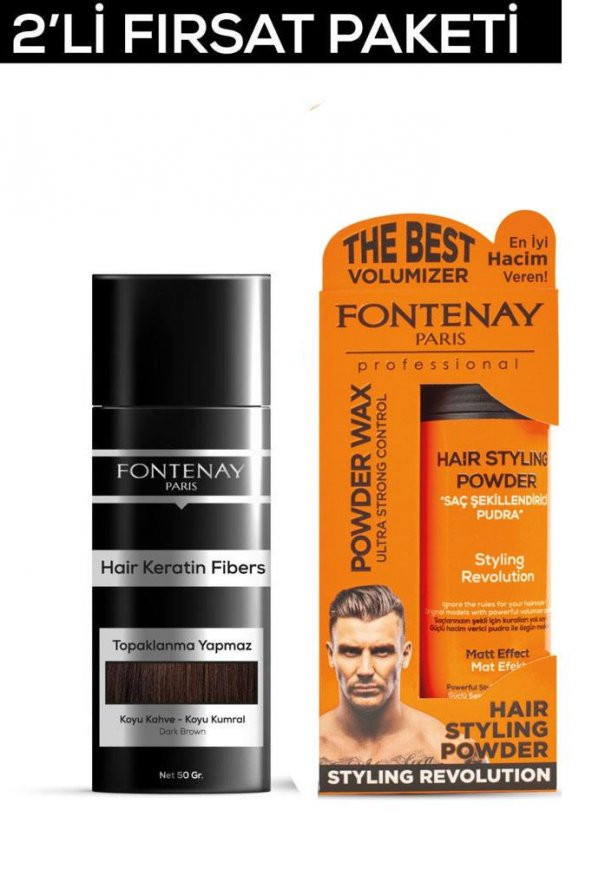 Fontenay Saç Dolgunlaştırıcı KeratinFibers Koyu Kahve Topik Saç Tozu 50gr+Ultra Strong Toz Wax 2Li Set ürün görseli 1