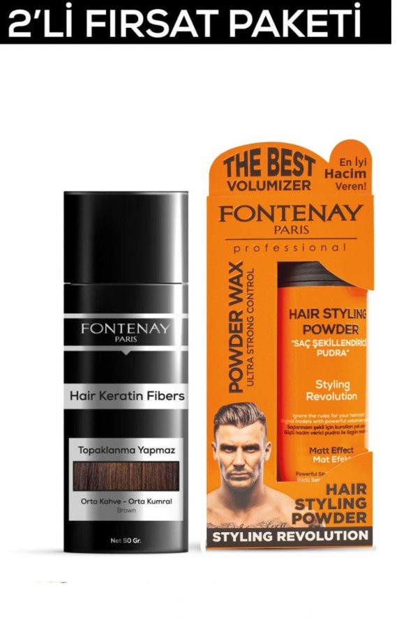 Fontenay Saç Dolgunlaştırıcı KeratinFibers Orta Kahve Topik Saç Tozu 50gr+Ultra Strong Toz Wax 2Li Set ürün görseli 1