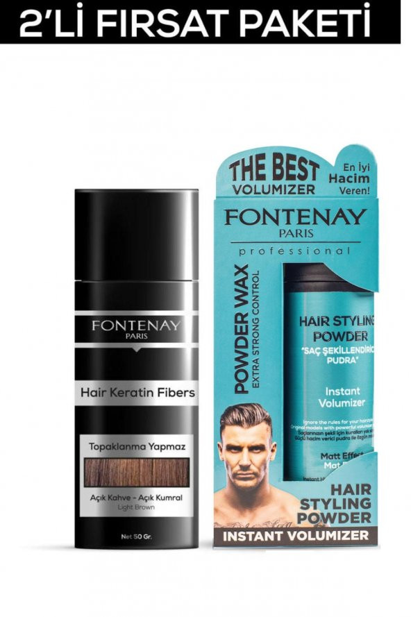 Fontenay Saç Dolgunlaştırıcı KeratinFibers Açık Kahve Topik Saç Tozu 50gr+Matt Effect Toz Wax 2Li Set ürün görseli 1