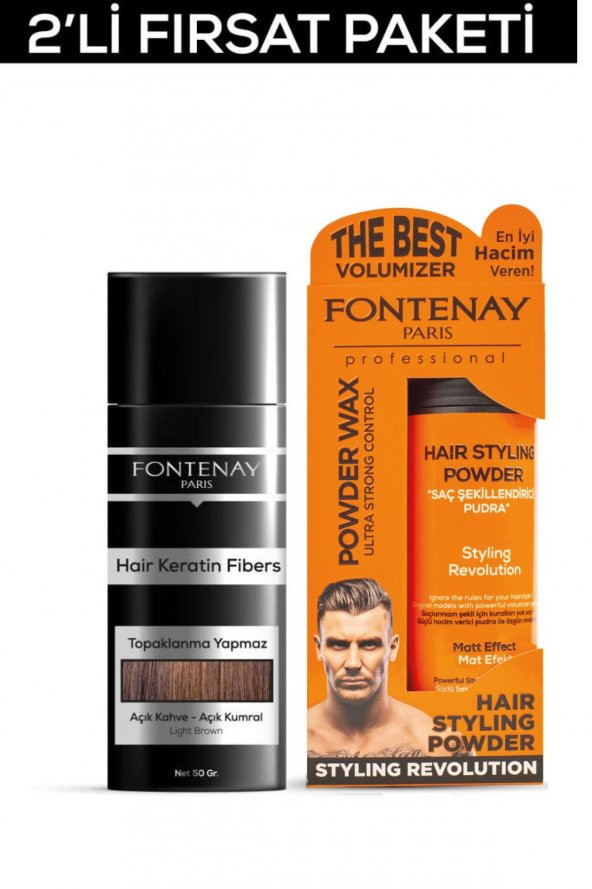 Fontenay Saç Dolgunlaştırıcı KeratinFibers Açık Kahve Topik Saç Tozu 50gr+Ultra Strong Toz Wax 2Li Set ürün görseli 1