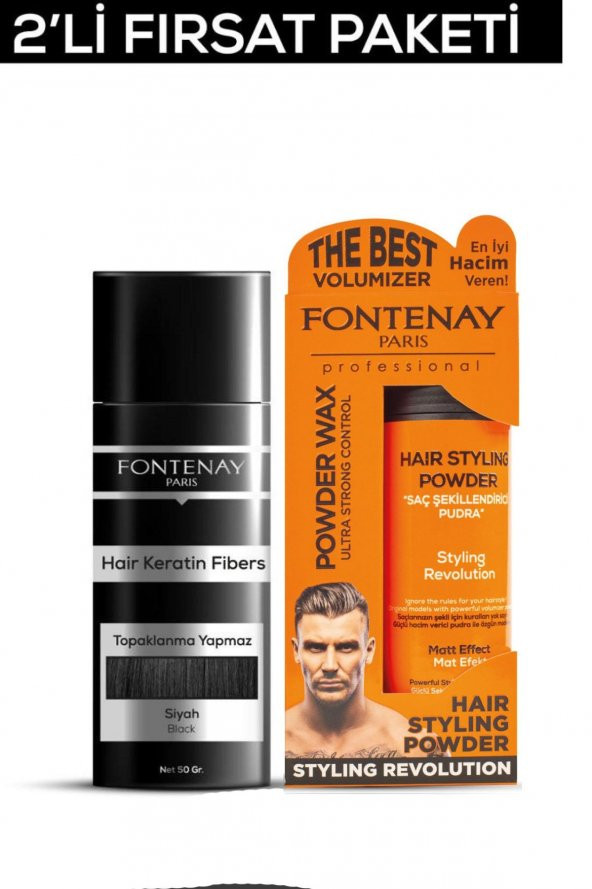 Fontenay Saç Dolgunlaştırıcı KeratinFibers Siyah Topik Saç Tozu 50gr+Ultra Strong Toz Wax 2'Li Set ürün görseli 1