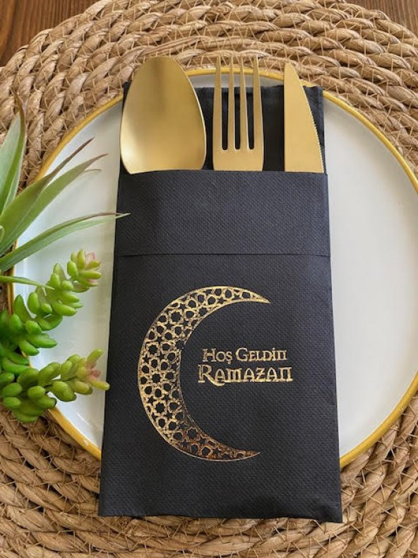 Gold Yaldızlı Siyah Hoş Geldin Ramazan Ay Desenli Cepli  Peçete 12 li 40x40 ürün görseli 1