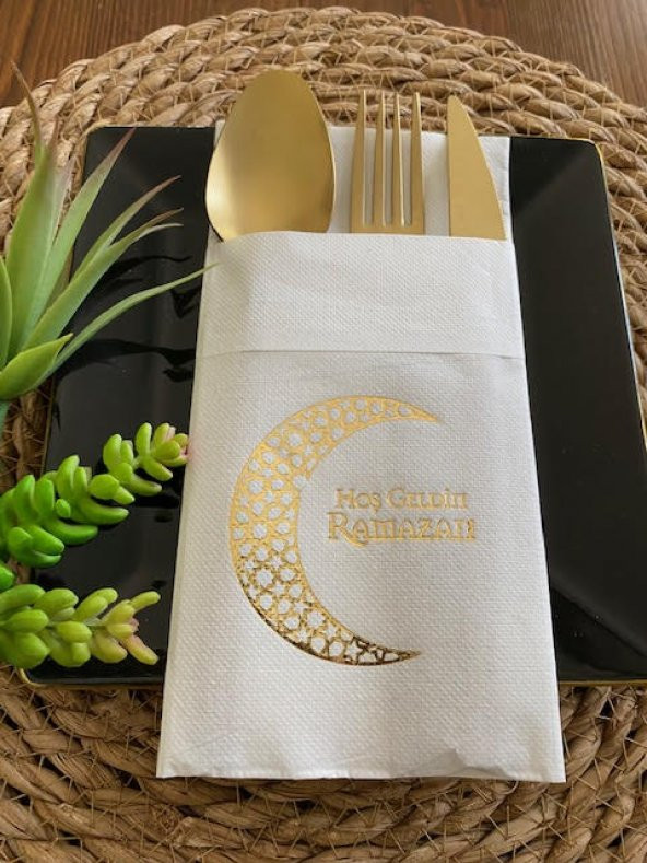 Gold Yaldızlı Beyaz Hoş Geldin Ramazan Ay Desenli Cepli Touch Peçete 12 li 40x40 ürün görseli 1