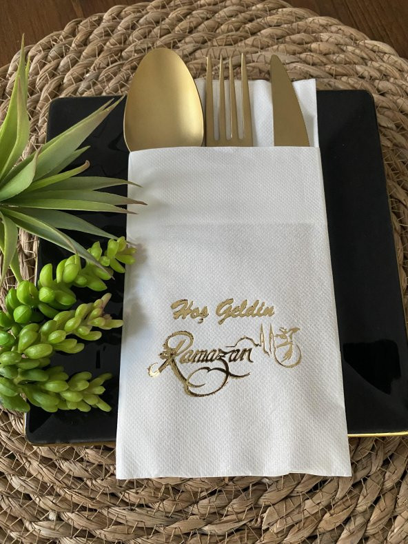 Gold Yaldızlı Beyaz Hoş Geldin Ramazan Cepli Touch Peçete 12 li 40x40 ürün görseli 1