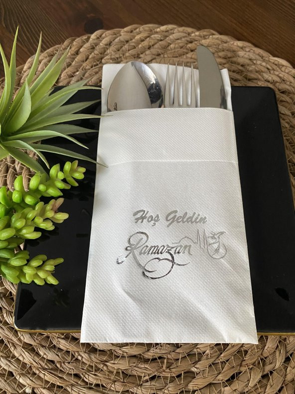 Gümüş Yaldızlı Beyaz Hoş Geldin Ramazan Cepli Touch Peçete 12 li 40x40 ürün görseli 1