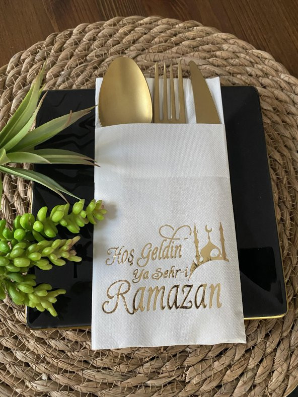 Gold Yaldızlı Beyaz Hoş Geldin Ya Şehri Ramazan Cepli Aır Touch Peçete 12 lı 40x40 ürün görseli 1