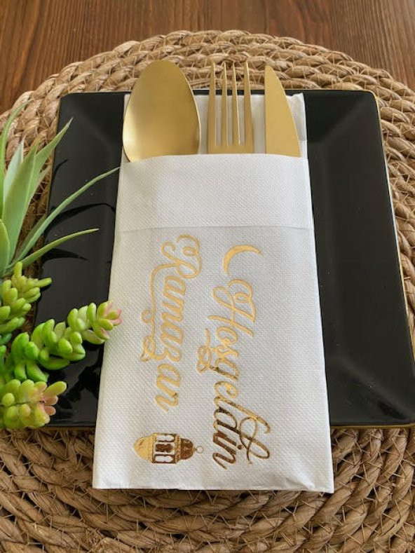 Gold Yaldızlı Beyaz Hoş Geldin Ramazan Cepli Aır Touch Peçete 12 lı 40x40 ürün görseli 1