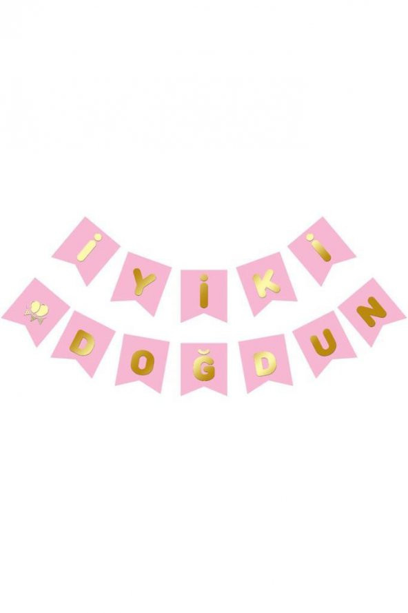 Beysüs Pembe Üstüne Gold Altın Yaldızlı İyiki Doğdun Yazılı Karton İpli Yazı Banner ürün görseli 1
