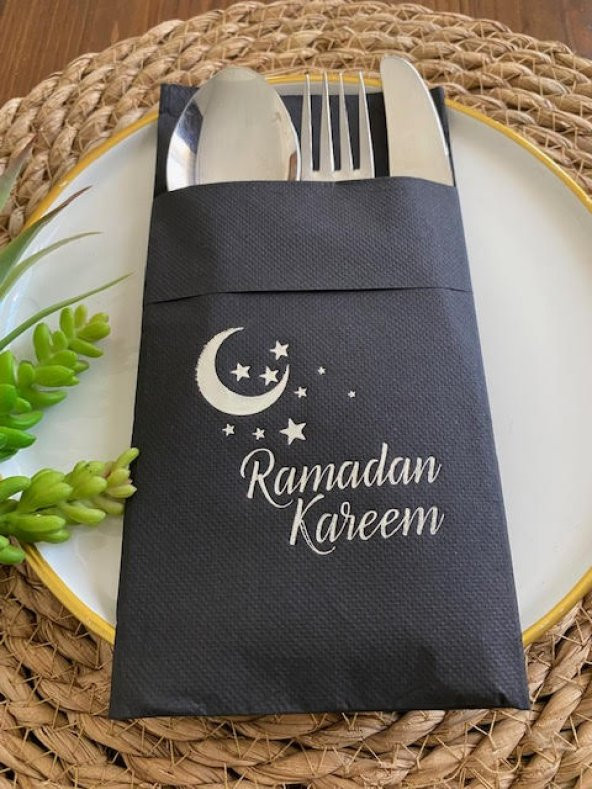 Gümüş Siyah Cepli Ramadan Karem Peçete 12 Adet 40x40 ürün görseli 1