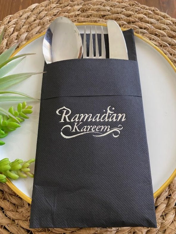 Gümüş Siyah Cepli Ramadan Karem Peçete 12 Adet 40x40 Yeni Model ürün görseli 1