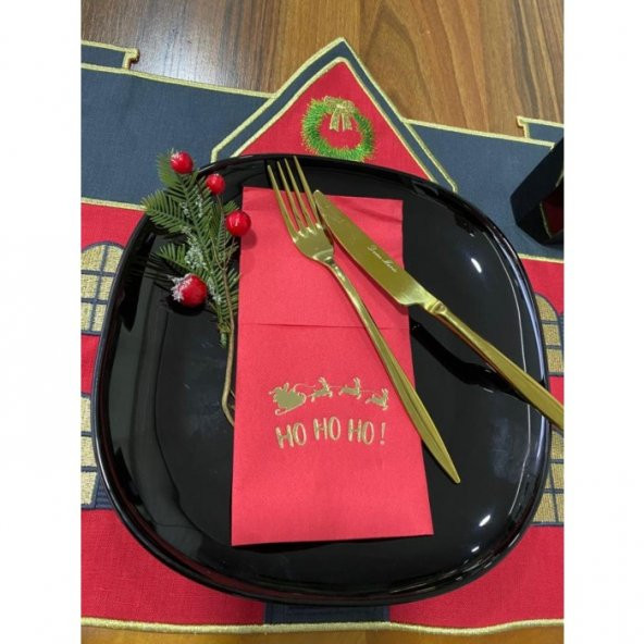 Gold Kırmızı Cepli Aır Touch Yılbaşı Ho Ho Ho Yazılı Peçete 12 Adet 40x40 ürün görseli 1