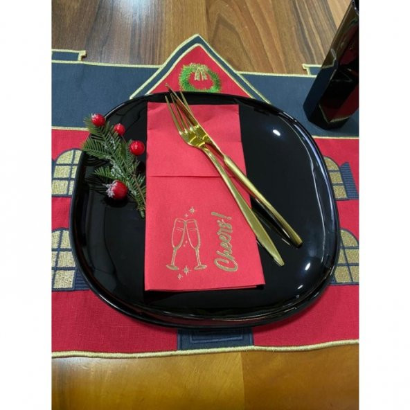 Gold Kırmızı Cepli Aır Touch Yılbaşı Cheers Modeli Peçete 12 Adet 40x40 ürün görseli 1