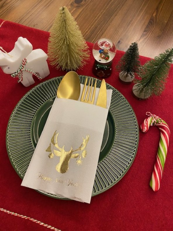 Gold Beyaz Cepli Aır Touch Yılbaşı Geyik Modeli Peçete 12 Adet 40x40 ürün görseli 1