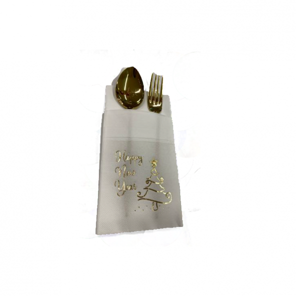 Gold Yaldızlı Beyaz Happy New Year Çam Ağacı Cepli Aır Touch Peçete 12 lı 40x40 ürün görseli 1