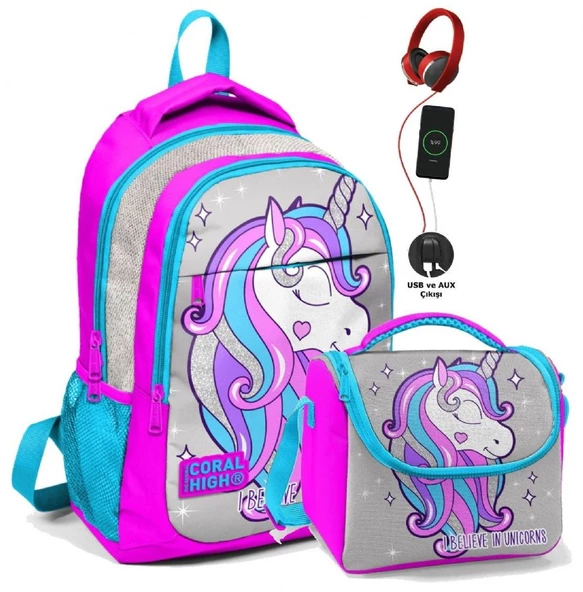 Coral High Okul Sırt Çantası ve Beslenme Çantası Seti - Kız Çocuk Pembe Unicorn - USB Soketli ürün görseli 1