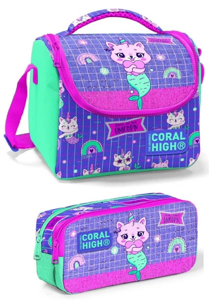 Coral High Yeşil Mavi Unicorn Kız Çocuk Beslenme Çantası Seti ürün görseli 1