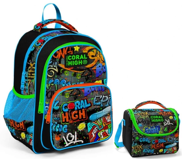 Coral High Siyah Grafiti Erkek Çocuk İlkokul Çantası ve Beslenme Çantası Seti ürün görseli 1
