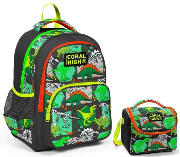 Coral High Yeşil Dinazor Erkek Çocuk İlkokul Çantası ve Beslenme Çantası Seti ürün görseli 1
