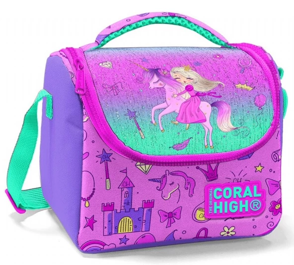 Coral High Mor Pembe Peri Kızı ve Unicorn Kız Çocuk Yalıtımlı Beslenme Çantası ürün görseli 1