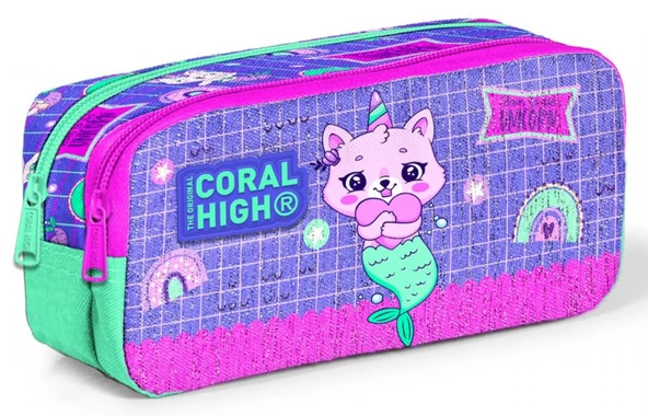 Coral High Kids İki Bölmeli Kız Çocuk Pembe Mor Kedi Unicorn Kalem Çantası Kalemlik ürün görseli 1