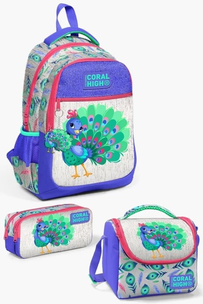 Coral High Kids Gümüş Lavanta Tavus Kuşu Desenli 3'lü Okul Çanta Seti - Kız Çocuk ürün görseli 1