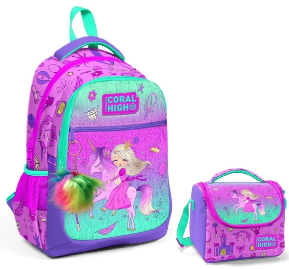 Coral High Pembe Yeşil Unicorn ve Prenses Okul Sırt ve Beslenme Çantası Seti - Kız Çocuk ürün görseli 1