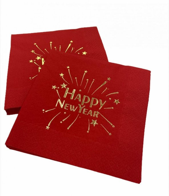 Gold Yaldızlı Kırmızı Happy New Year Kare Peçete ürün görseli 1