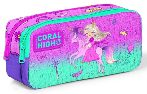 Coral High Kids İki Bölmeli Kız Çocuk Pembe Yeşil Prenses ve Unicorn Kalem Çantası Kalemlik ürün görseli 1