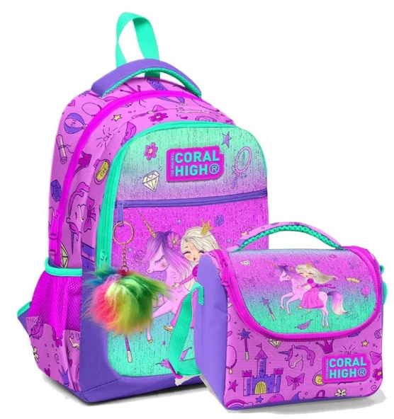 Coral High Okul Sırt ve Beslenme Çantası Seti - Kız Çocuk Pembe Yeşil Unicorn ve Prenses ürün görseli 1