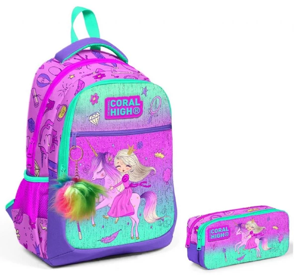 Coral High Pembe Yeşil Unicorn ve Prenses İlkokul Okul Sırt Çantası ve Kalemlik Seti ürün görseli 1