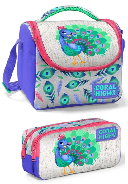 Coral High Pembe Yeşil Tavuskuşu Kız Çocuk Beslenme Çantası Seti ürün görseli 1